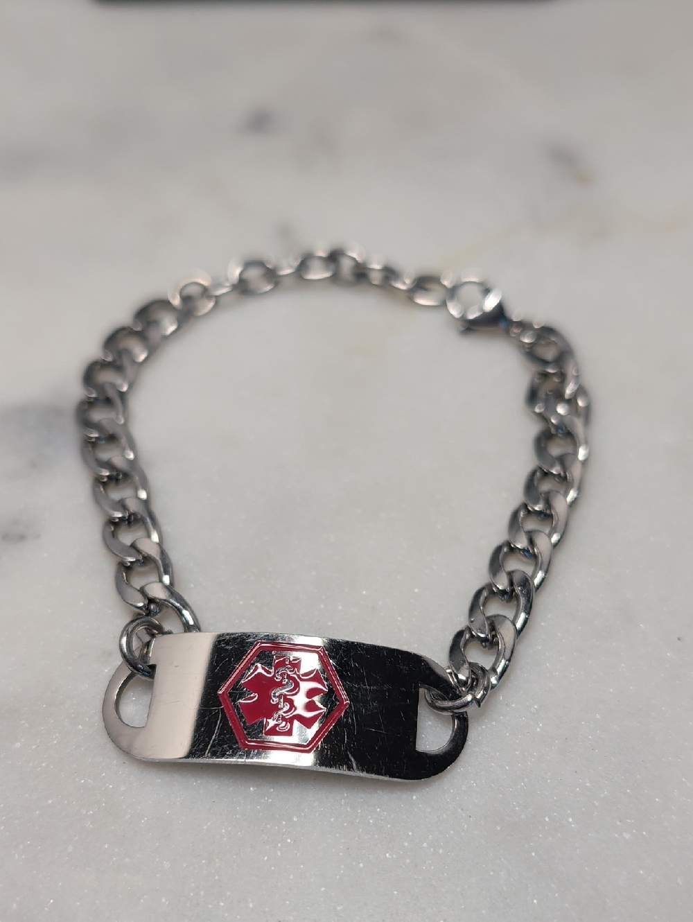 Medical ID Bracelet Stainless Steel Red Enamel Polished
